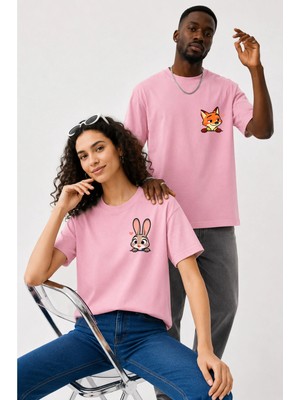 Lorvex Çift Kombin Erkek-Kadın Oversize T-Shirt %100 Pamuk Baskılı Rahat Kalıp Sevgili Tişörtü 2'li