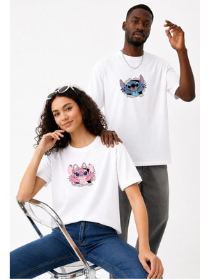 Lorvex Çift Kombin Erkek-Kadın Oversize T-Shirt %100 Pamuk Baskılı Rahat Kalıp Sevgili Tişörtü 2'li