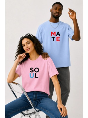 Lorvex Çift Kombin Erkek-Kadın Oversize T-Shirt %100 Pamuk Baskılı Rahat Kalıp Sevgili Tişörtü 2'li
