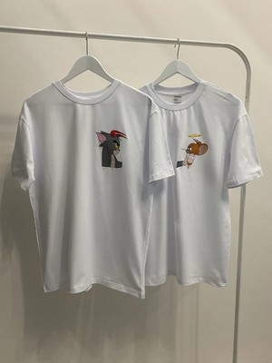 Lorvex Unisex Çift Kombin T-Shirt Çizgi Karakter Baskılı %100 Pamuklu Tişört-2'li Ürün