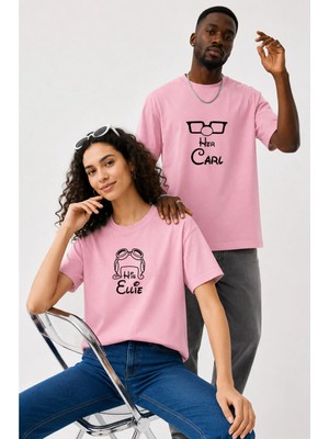 Lorvex Çift Kombin Erkek-Kadın Oversize T-Shirt %100 Pamuk Baskılı Rahat Kalıp Sevgili Tişörtü 2'li