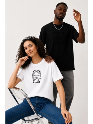 Lorvex Çift Kombin Erkek-Kadın Oversize T-Shirt %100 Pamuk Baskılı Rahat Kalıp Sevgili Tişörtü 2'li