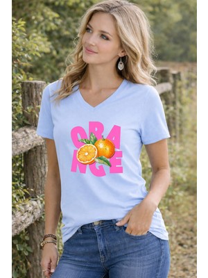 Lorvex V Yaka Kadın Tişört Rahat Kalıp Orangee Baskılı T-Shirt