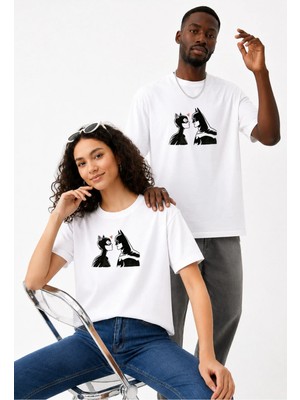 Lorvex Çift Kombin Erkek-Kadın Oversize T-Shirt %100 Pamuk Baskılı Rahat Kalıp Sevgili Tişörtü 2'li