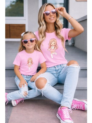 Lorvex Anne Kız Kombin Oversize Tişört %100 Pamuk Baskılı Rahat Kalıp Twin T-Shirt