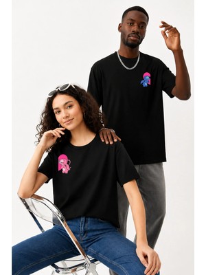 Lorvex Çift Kombin Erkek-Kadın Oversize T-Shirt %100 Pamuk Baskılı Rahat Kalıp Sevgili Tişörtü 2'li
