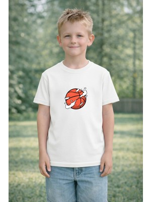 Lorvex Erkek Çocuk Baskılı Tişört %100 Pamuk Rahat Kalıp Havada Basket Topu Baskılı T-Shirt