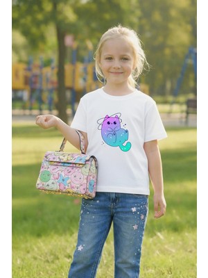 Lorvex Çocuk Baskılı Tişört Unisex %100 Pamuk Rahat Kalıp Mavi Kedi Baskılı T-Shirt