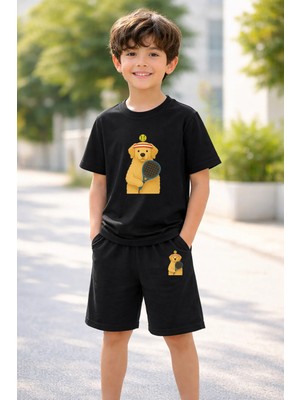 Lorvex Erkek-Kız Çocuk Tişört Şort Takım %100 Pamuk Yazlık Rahat Kalıp Baskılı T-Shirt Çocuk Kombin