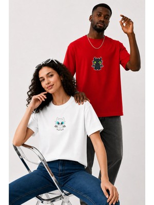 Lorvex Çift Kombin Erkek-Kadın Oversize T-Shirt %100 Pamuk Baskılı Rahat Kalıp Sevgili Tişörtü 2'li