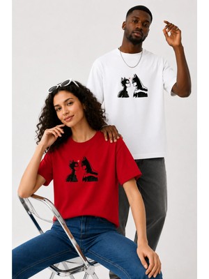 Lorvex Çift Kombin Erkek-Kadın Oversize T-Shirt %100 Pamuk Baskılı Rahat Kalıp Sevgili Tişörtü 2'li
