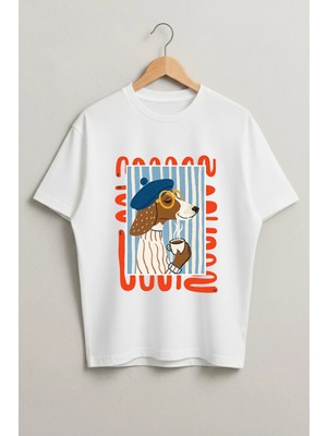 Lorvex Nezih Sevimli Köpek Baskılı Oversize Pamuklu Unisex Tshirt-Tişört