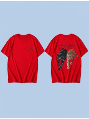 Lorvex Yırtıcı Ikili Baskılı %100 Pamuk Oversize Unisex Tişört Rahat Kesim T-Shirt