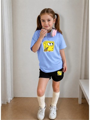 Lorvex Çocuk Şortlu Takım Kız (Şort-T-Shirt) Baskılı Yazlık Spor Kombin Rahat Kalıp Takım