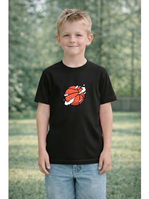 Lorvex Erkek Çocuk Baskılı Tişört %100 Pamuk Rahat Kalıp Havada Basket Topu Baskılı T-Shirt
