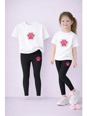 Lorvex Kız T-Shirt ve Esnek Tayt Seti Çocuk Takım %100 Pamuk Pembe Pati Baskılı – Günlük Rahat Spor Kombin