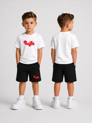 Lorvex Çocuk Şortlu Takım Erkek (Şort-T-Shirt) Baskılı Yazlık Spor Kombin Rahat Kalıp Takım
