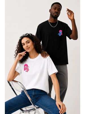 Lorvex Çift Kombin Erkek-Kadın Oversize T-Shirt %100 Pamuk Baskılı Rahat Kalıp Sevgili Tişörtü 2'li