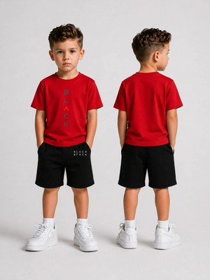 Lorvex Çocuk Şortlu Takım Erkek (Şort-T-Shirt) Baskılı Yazlık Spor Kombin Rahat Kalıp Takım
