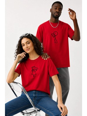 Lorvex Çift Kombin Erkek-Kadın Oversize T-Shirt %100 Pamuk Baskılı Rahat Kalıp Sevgili Tişörtü 2'li