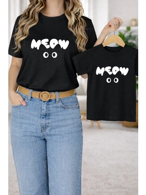 Lorvex Tişört Unısex Çocuk Anne Kombin Oversize – Anne & Çocuk Twin T-Shirt White Meow Baskı