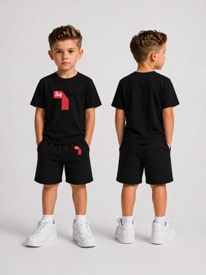 Lorvex Çocuk Şortlu Takım Erkek (Şort-T-Shirt) Baskılı Yazlık Spor Kombin Rahat Kalıp Takım