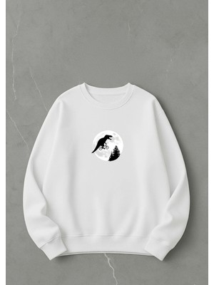 Lorvex Oversize Unisex Pamuklu Bisiklet Yaka Sweatshirt – Maceracı Trex Baskılı
