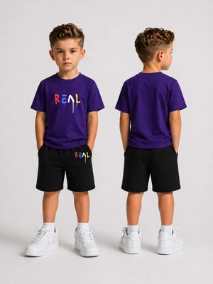 Lorvex Çocuk Şortlu Takım Erkek (Şort-T-Shirt) Baskılı Yazlık Spor Kombin Rahat Kalıp Takım