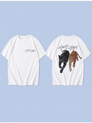 Lorvex Yırtıcı Ikili Baskılı %100 Pamuk Oversize Unisex Tişört Rahat Kesim T-Shirt