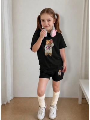 Lorvex Çocuk Şortlu Takım Kız (Şort-T-Shirt) Baskılı Yazlık Spor Kombin Rahat Kalıp Takım