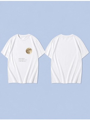 Lorvex Moon Words Yellow Baskılı %100 Pamuk Oversize Unisex Tişört Rahat Kesim T-Shirt