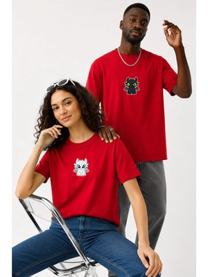 Lorvex Çift Kombin Erkek-Kadın Oversize T-Shirt %100 Pamuk Baskılı Rahat Kalıp Sevgili Tişörtü 2'li