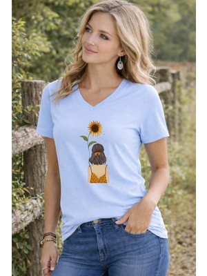 Lorvex Kadın V Yaka Tişört Rahat Kalıp Eldeki Ayçiçeği Baskılı Günlük T-Shirt