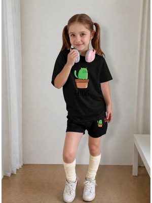 Lorvex Çocuk Şortlu Takım Kız (Şort-T-Shirt) Baskılı Yazlık Spor Kombin Rahat Kalıp Takım