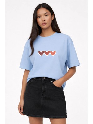 Lorvex Kadın T-Shirt Oversize %100 Pamuklu Rahat Kalıp Pastel Kalpler Baskılı Tişört