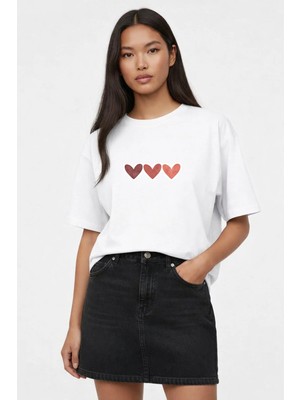 Lorvex Kadın T-Shirt Oversize %100 Pamuklu Rahat Kalıp Pastel Kalpler Baskılı Tişört