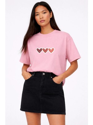 Lorvex Kadın T-Shirt Oversize %100 Pamuklu Rahat Kalıp Pastel Kalpler Baskılı Tişört