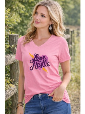 Lorvex Kadın V Yaka T-Shirt Rahat Kalıp Hustle Baskılı Tişört