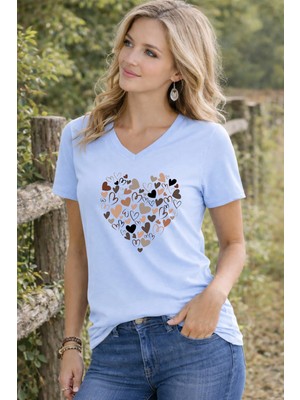 Lorvex Tişört V Yaka Kadın (Rahat Kalıp) Küçük Kalpler Baskılı T-Shirt