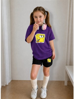 Lorvex Çocuk Şortlu Takım Kız (Şort-T-Shirt) Baskılı Yazlık Spor Kombin Rahat Kalıp Takım