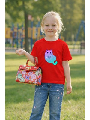 Lorvex Çocuk Baskılı Tişört Unisex %100 Pamuk Rahat Kalıp Mavi Kedi Baskılı T-Shirt