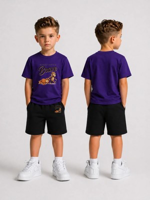 Lorvex Çocuk Şortlu Takım Erkek (Şort-T-Shirt) Baskılı Yazlık Spor Kombin Rahat Kalıp Takım