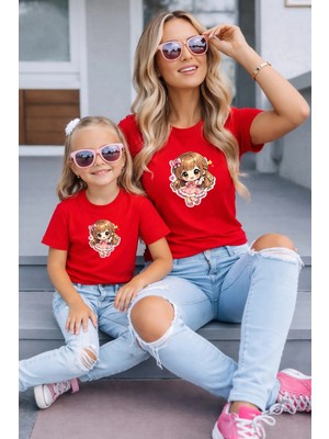 Lorvex Anne Kız Kombin Oversize Tişört %100 Pamuk Baskılı Rahat Kalıp Twin T-Shirt