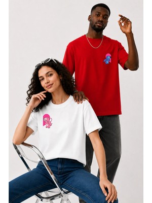 Lorvex Çift Kombin Erkek-Kadın Oversize T-Shirt %100 Pamuk Baskılı Rahat Kalıp Sevgili Tişörtü 2'li