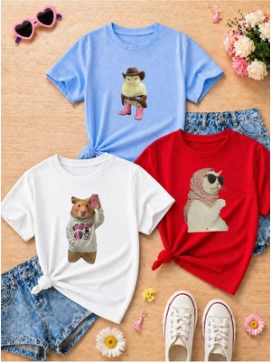 Lorvex Sevimli Figür Hayvanlar Baskılı Oversize %100 Pamuklu Renkli Çocuk-Yetişkin T-Shirt (3'lü)