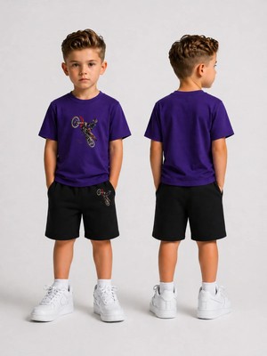 Lorvex Çocuk Şortlu Takım Erkek (Şort-T-Shirt) Baskılı Yazlık Spor Kombin Rahat Kalıp Takım
