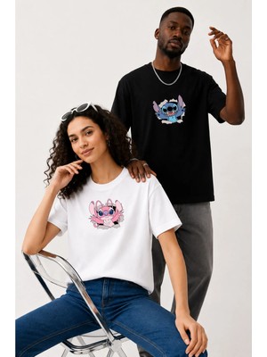 Lorvex Çift Kombin Erkek-Kadın Oversize T-Shirt %100 Pamuk Baskılı Rahat Kalıp Sevgili Tişörtü 2'li