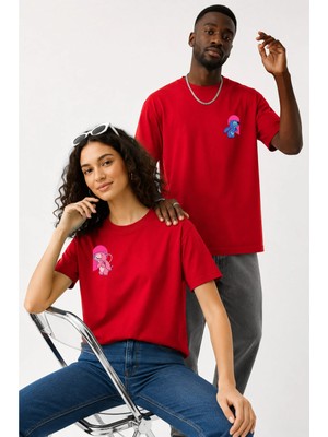 Lorvex Çift Kombin Erkek-Kadın Oversize T-Shirt %100 Pamuk Baskılı Rahat Kalıp Sevgili Tişörtü 2'li