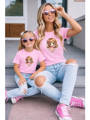 Lorvex Anne Kız Kombin Oversize Tişört %100 Pamuk Baskılı Rahat Kalıp Twin T-Shirt