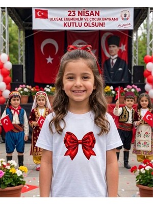 Lorvex 23 Nisan Temalı Kırmızı Kurdele Baskı Çocuk-Yetişkin Tshirt Tişört